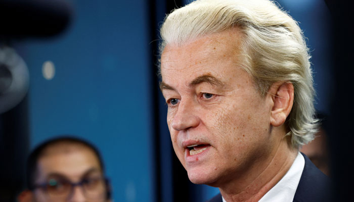 Dutch far-right politician and leader of the PVV party Geert Wilders reacts as he meets the press as Dutch parties lead candidates meet for the first time after elections, in which far-right politician Geert Wilders booked major gains, to begin coalition talks in The Hague, Netherlands, November 24, 2023. — Reuters