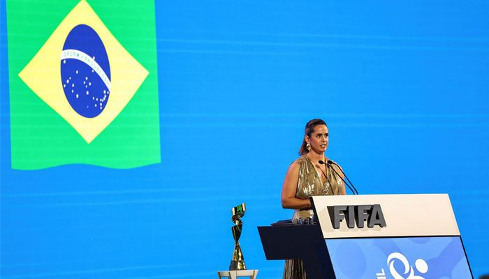 Brazilian representative Duda Pavao speaks during the presentation of the bid by Brazil to host the Womens World Cup at the 74th FIFA Congress at the Queen Sirikit National Convention Center, in Bangkok, Thailand, May 17, 2024. — Reuters
