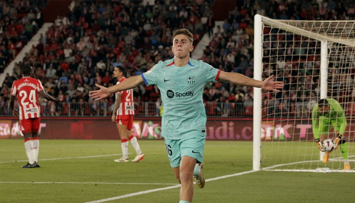 FC Barcelonas Fermin Lopez celebrates scoring their first goal on May 16, 2024.— Reuters