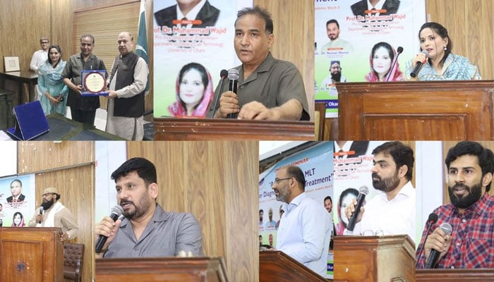 Different glimpses of a seminar on ‘Advancements in MLT for Diagnosis of Disease Treatment’ organised by Department of Medical Lab Technology (MLT) of the University of Okara (UO). — Facebook/okarauniversityofficial