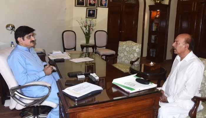 Sindh Chief Minister Syed Murad Ali Shah meets Sindh chapter president of Pakistan Peoples Party Nisar Ahmed Khuhro at the Chief Minister House on May 17, 2024. — Facebook/SindhCMHouse