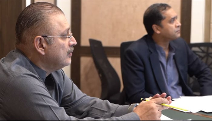 Sindh Minister for Information, Transport, Mass Transit, Excise, Taxation, and Narcotics Control Sharjeel Inam Memon chairing a meeting on May 17, 2024. — Facebook/SharjeelInamMemon63/Screenshot