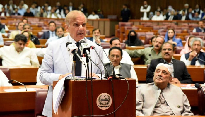 Prime Minister Shehbaz Sharif addressing the National Assembly. — PID/File