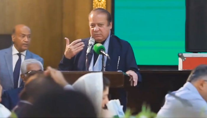The screenshot shows PML-N supremo Nawaz Sharif addressing central working committee (CWC) meeting in Lahore on May 18, 2024.  — X/@pmln_org