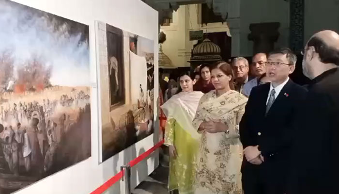 In this still, Cao Ke, the Deputy Consul General of China looks on Jimmy Engineers paintings at the Lahore Museum on May 18, 2024. — Facebook/Jimmy Fali