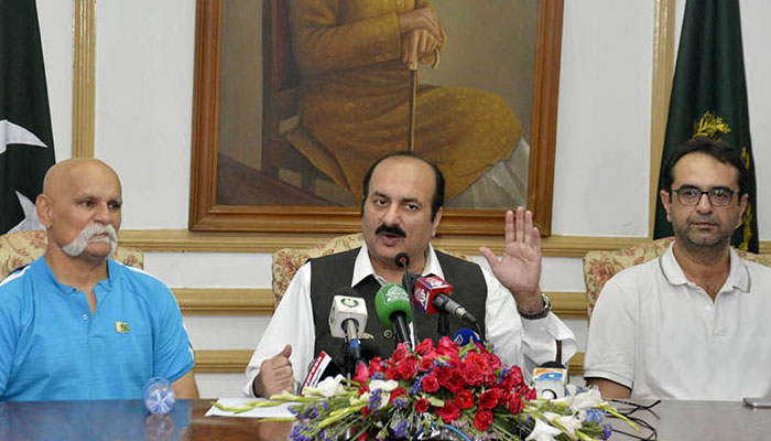 Chairman of Prime Minister’s Youth Programme (PMYP) Rana Mashhood Ahmad Khan addresses a press conference at Aiwan-e-Iqbal on May 18, 2024. — APP