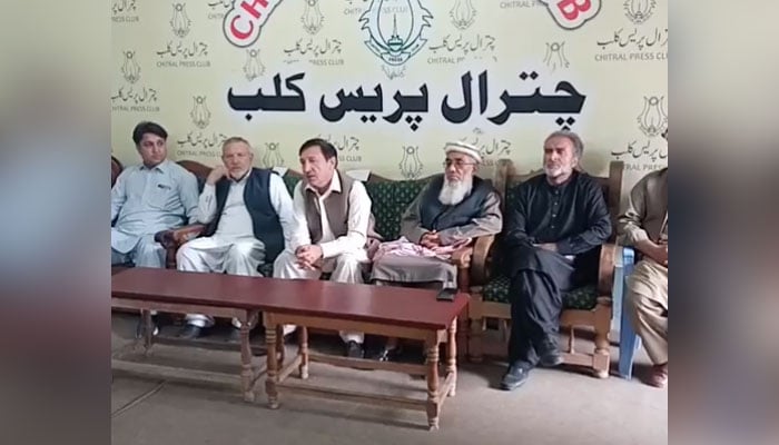 PPP Lower Chitral President Engineer Fazal Rabi Jan (C) speaks during a press conference at the Chitral Press Club on May 18, 2024. — Facebook/Daily Chitral Online