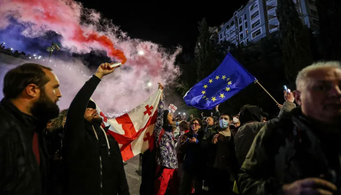 Demonstrators protest against a bill on foreign agents in Tbilisi, Georgia, May 14, 2024  — Reuters