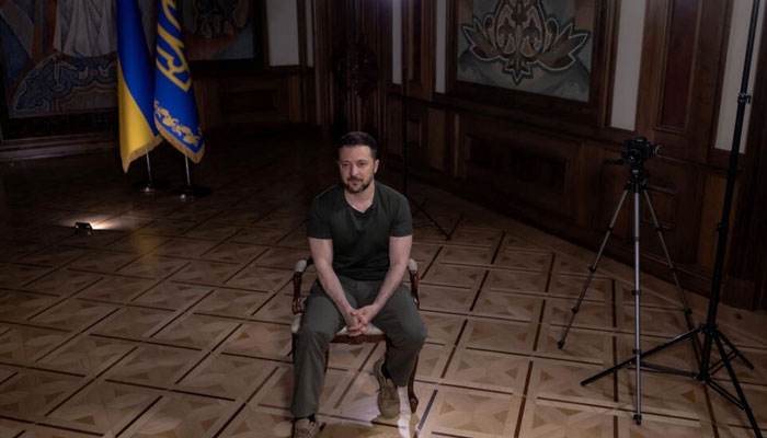 Ukrainian President Volodymyr Zelensky speaks during an interview with AFP at the Presidential Office in Kyiv on May 17, 2024. — AFP