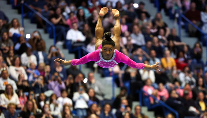 US gymnast Simone Biles competes in the floor exercise at the Core Hydration Classic in Connecticut.—AFP/file