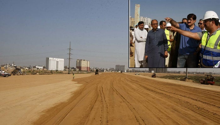 Sindh Chief Minister, Syed Murad Ali Shah being briefed about the progress of the under construction Malir Expressway Korangi to Quaidabad Segment during his inspection visit, in Karachi on May 19, 2024. — PPI