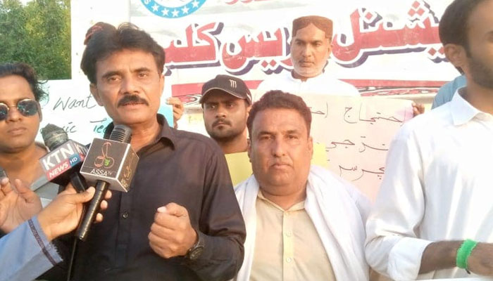 Members of the All Sindh Sangeetkar Association (ASSA) speak to media persons during a protest against music teachers not being issued joining letters at Sukkur Press Club on May 19, 2024. — Facebook/ ASSA