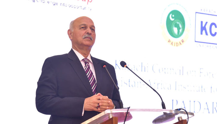Senator Mushahid Hussain Syed speaks at the launching of Pakistans first think tank on Afro-Pakistan affairs in Karachi on May 19, 2024. — Supplied