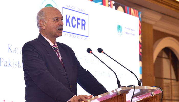 Senator Mushahid Hussain Syed speaks at the launching of Pakistans first think tank on Afro-Pakistan affairs  in Karachi on May 19, 2024. — Supplied