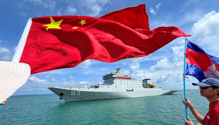 The Chinese training ship Qijiguang and amphibious warfare ship Jinggangshan are taking part in land and sea drills with Cambodia.— STR/file