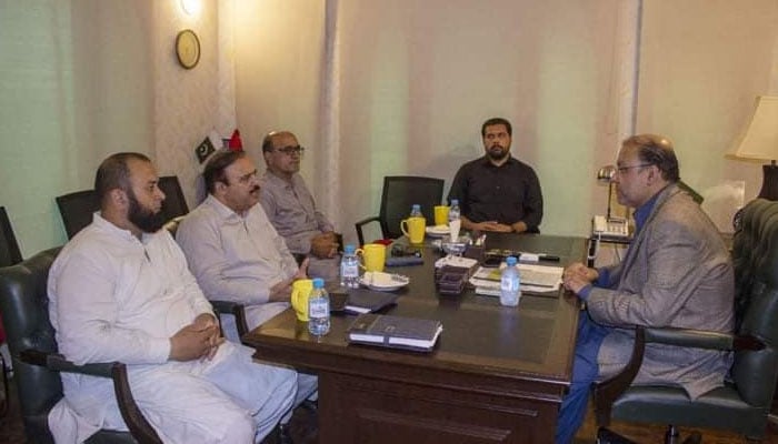 Minister for Industries and Commerce Chaudhry Shafay Hussain (R) meets with Azad Jammu and Kashmir Food Minister Akbar Ibrahim (C) at his office in Punjab Board of Investment and Trade on May 20, 2024. — Facebook/Ch Shafay hussain M P A city Gujrat