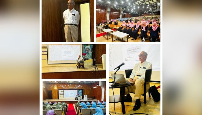 This collage of images shows, Dr. Shaukat Hameed Khan, former Member Planning Commission and renowned professor of Physics delivers an inspiring session at Kauthar College for Women on May 20, 2024. — Facebook/Kauthar College for Women (K.C.W)