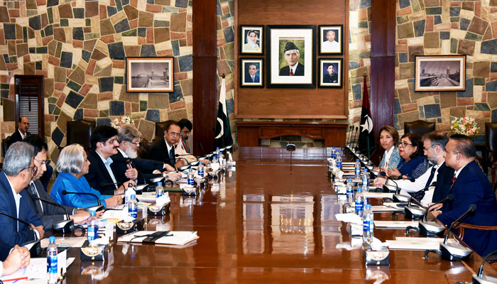 Sindh Chief Minister Syed Murad Ali Shah and the World Bank delegation led by its Country Director Mr Najy Benhassine discuss child stunting and required interventions in their meeting at CM House on May 20, 2024. — Facebook/Sindh Chief Minister House