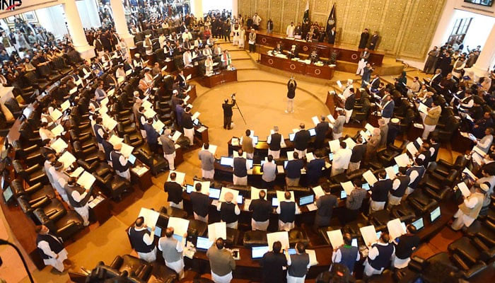 A view of the Khyber Pakhtunkhwa (KP) Assembly during Newly elected members taking oath on February 28, 2024. — INP