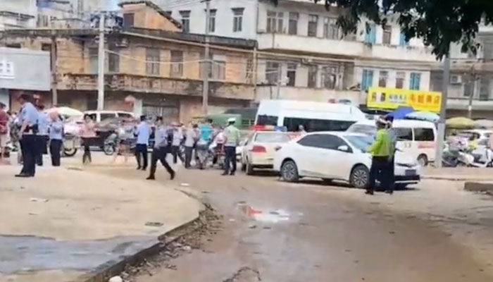 A police cordon is placed in the aftermath of a stabbing attack at a kindergarten in Lianjiang county, Guangdong province, footage from social media shows. — Reuters/file