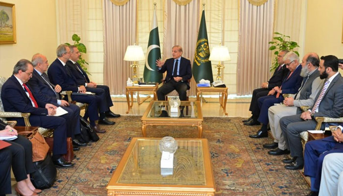 Prime Minister Shehbaz Sharif in a meeting with Turkish Foreign minister Hakan Fidan on May 20, 2024.— APP