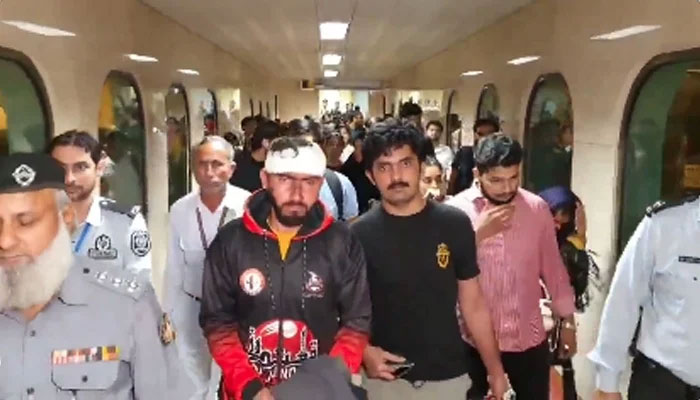 This still of the affected Pakistani students arriving in Lahore is taken from a video posted on a social media platform on May 19, 2024. —X/@Incognito_qfs