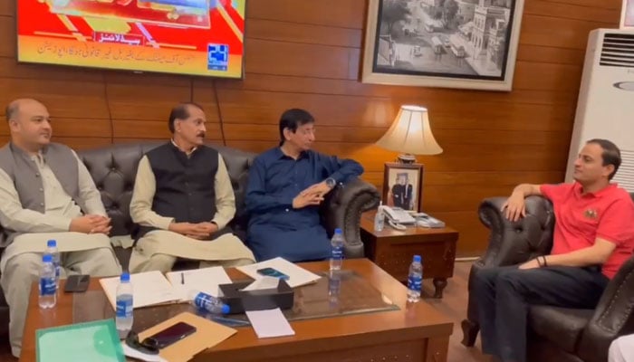 In this still, A delegation from (MQM-P), led by senior leader and (MNA) Syed Amin ul Haque, meets with Karachi Mayor Murtaza Wahab at the KMC head office on May 21, 2024. — X/@AbdulHaqMQM