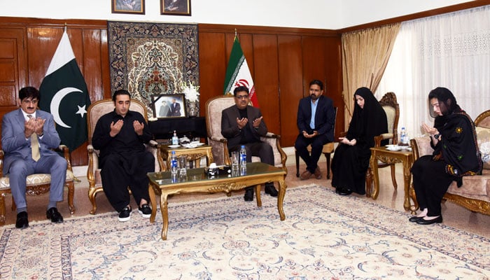 PPP Chairman Bilawal Bhutto Zardari (L to R), Sindh CM Syed Murad Ali Shah (L) and PPP MNA Assefa Bhutto Zardari (R) offers fateha over the tragic loss of Iranian president and foreign minister to the Iranian Consul General at the Consulate on May 21, 2024. — Facebook/Sindh Chief Minister House