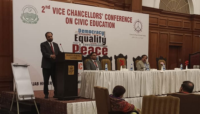 PHEC Chairman Dr Shahid Munir speaks during the 2nd Vice Chancellors Civic Education Conference on May 21, 2024. — Facebook/Punjab Higher Education Commission-PHEC