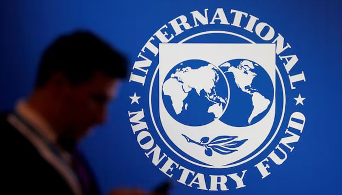 A person stands near a logo of IMF. — Reuters/File