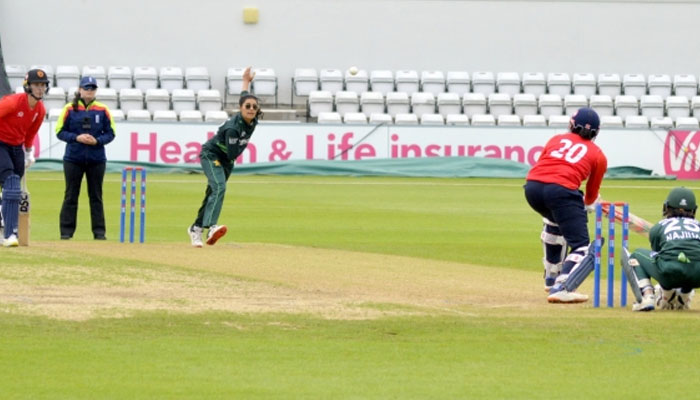 A Pakistani womens team bowler bowls during the one-day warm up match  against ECB Women’s Development XI at the County Ground, Northampton, on May 21, 2024. — PCB