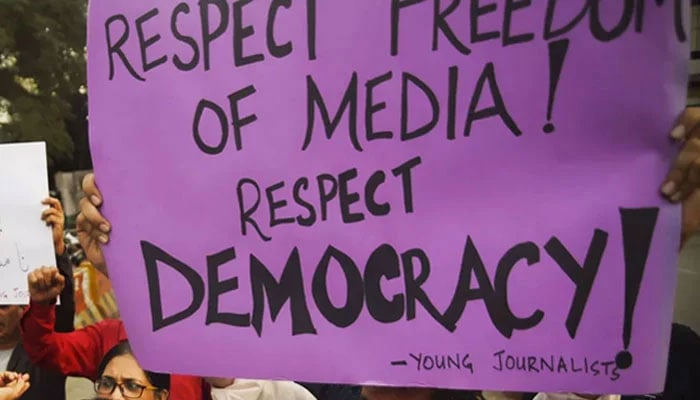 The picture shows people holding placards during a protest for media freedom. — AFP/File