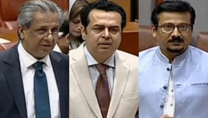 (From left to right) Federal Law Minister Azam Nazeer Tarar, PML-Ns Talal Chaudhry, and MQM-Ps Faisal Sabzwari, speaking during a Senate session, on May 22, 2024. — Screengrab via YouTube/GeoNews