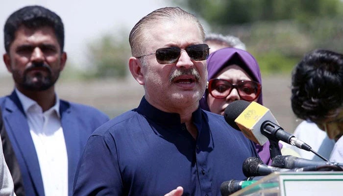 Sindh Minister for Excise and Taxation, Transport, and Mass Transit, Sharjeel Inam Memon talks to media persons after visiting construction sites in Karachi on May 5, 2024. — PPI