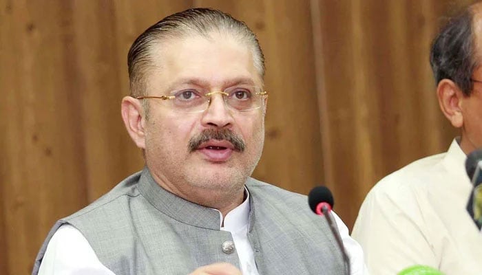 Sindh Minister for Information, Transport, Excise, Taxation and Narcotics Control Sharjeel Inam Memon speaks to the media in this undated image. — PPI/File