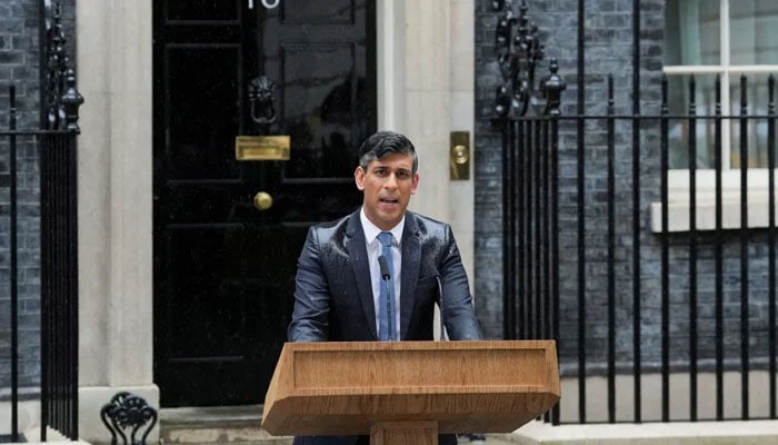 British Prime Minister Rishi Sunak delivers a speech calling for a general election, outside 10 Downing Street in London, Britain on May 22, 2024. — Reuters