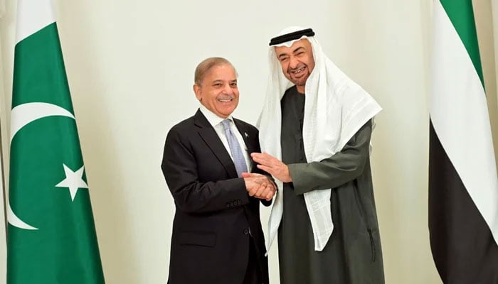 Prime Minister Shehbaz Sharif and President of UAE Sheikh Mohamed bin Zayed Al Nahyan meet in Abu Dhabi on May 23, 2024. — PID