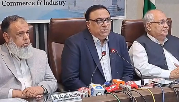 FCCI President Dr Khurram Tariq addresses a pre-budget press conference alongside other officials on May 23, 2024. — Facebook/The Faisalabad Chamber of Commerce and industry