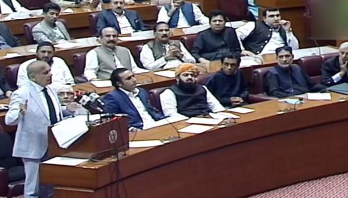Prime Minister Pakistan Shahbaz Sharif addressing the National Assembly. — Geo News/screengrab/file