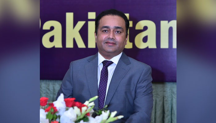 President PCJCCI Moazzam Ali Ghurk gestures during an event on May 31, 2023. — Facebook/Pakistan China Joint Chamber of Commerce and Industry