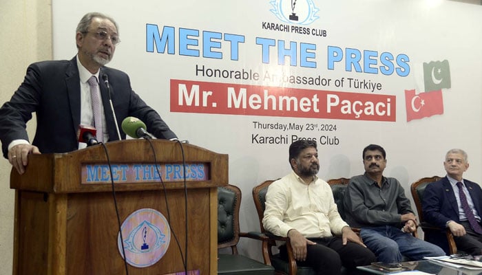 Ambassador of Turkiye, Mehmet Pacaci addresses during the Meet the Press program at Karachi Press Club on May 23, 2024. — PPI