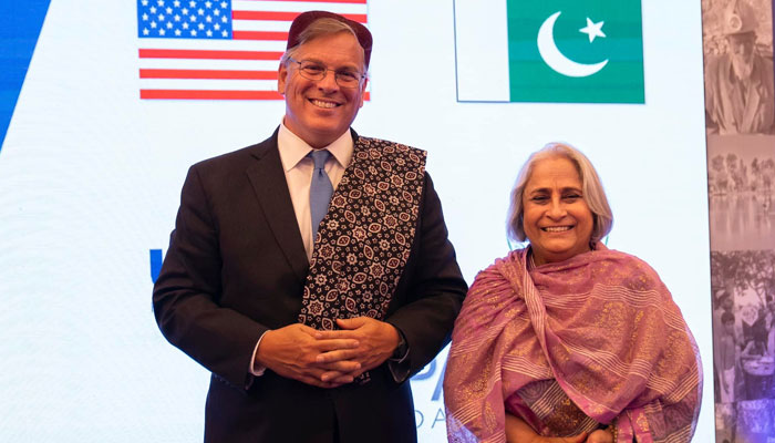 US Ambassador to Pakistan Donald Blome and Sindh Minister for Health and Population Dr Azra Fazal Pechuho pose for a photo during a launch initiative aimed at eradicating tuberculosis in Pakistan on May 23, 2024. — Facebook/U.S. Consulate General Karachi