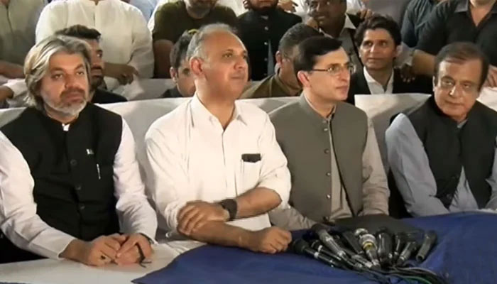(From left to right) PTI leaders Ali Muhammad Khan,Omar Ayub Khan, Barrister Gohar Ali Khan and Shibli Faraz address a joint press conference on May 24, 2024, in this still taken from a video. — YouTube/Geo News