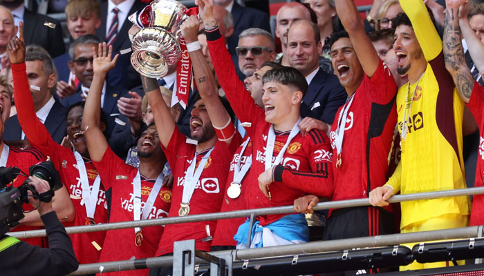 Manchester Uniteds Bruno Fernandes lifts the FA Cup at Wembley on May 25, 2024. — Reuters