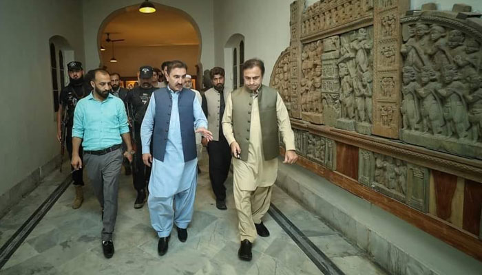 Advisor to Chief Minister on Culture, Tourism, Archeology and Museums Zahid Chanzeb (C) gestures during an inspection of the renovation work at the historic Mahabat Khan Mosque on May 25, 2024. — Facebook/Zahid Chanzeb