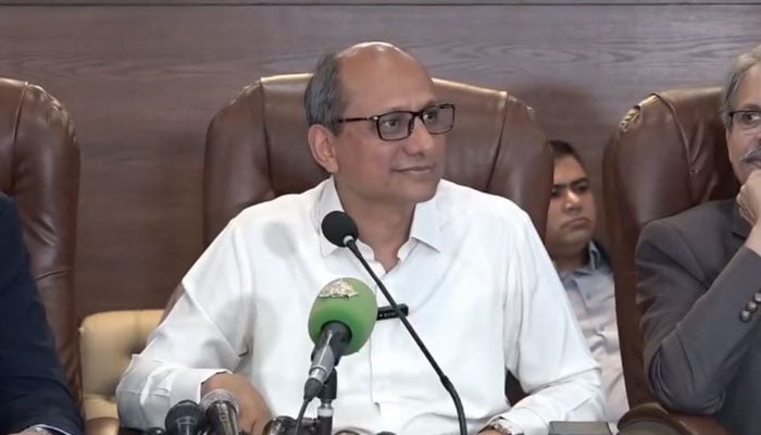 In this still, Sindh Local Government Minister Saeed Ghani talks to media persons at the offices of the Korangi Association of Trade & Industry (KATI) on May 25, 2024. — Facebook/Saeed Ghani
