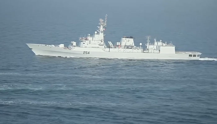 Pakistan Navy warship PNS ASLAT  can be seen in the Indian Ocean in this video released on May 25, 2024. — Screengrab via Facebook/Director General Public Relations - Navy