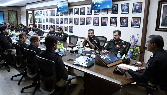 Sindh Police Inspector General (IG), Ghulam Nabi Memon presides over a high-level meeting, at CPO Headquarters in Karachi on May 25, 2024. — PPI