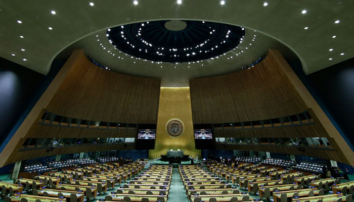 A representational image of the UN General Assembly Hall before the 76th session General Debate at United Nations Headquarters, on September 20, 2021 in New York. — AFP