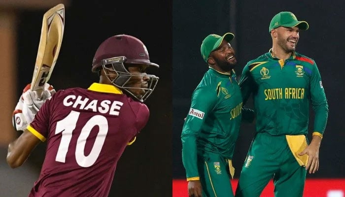 A combo showing West Indies player Roston Chase and South Africa players. — AFP/File
